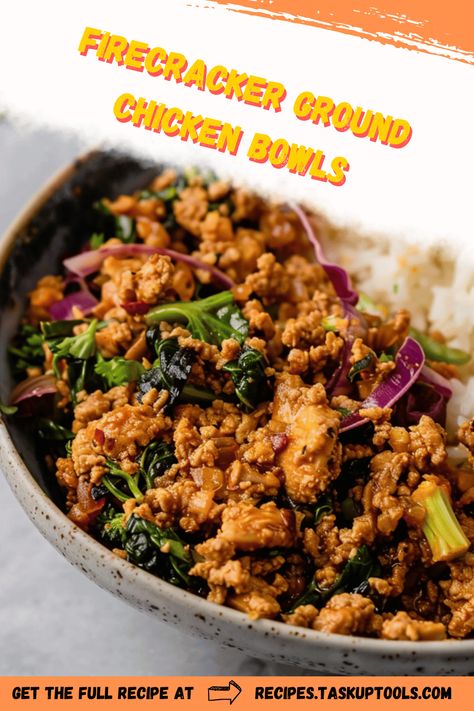 Discover our flavorful Firecracker Ground Chicken Bowls, a perfect blend of spice and zest for a quick and easy meal. This recipe features tender ground chicken cooked in a bold firecracker sauce, served over a bed of fluffy rice with fresh veggies. Ideal for lunch or dinner, these bowls are designed for those who love a bit of heat and a lot of taste. Easily customizable with your favorite vegetables for a balanced and nutritious dish. Save this recipe for your next meal prep or family dinner night. Honey Sriracha Ground Chicken Bowl, Firecracker Chicken Bowl, Thai Ground Chicken Recipes, Shredded Chicken Rice Bowl, Ground Chicken Salad, Firecracker Ground Chicken, Ground Chicken Bowls, Ground Chicken Rice Bowl, Ground Chicken Recipe