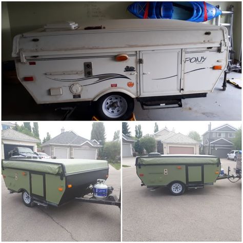 We were tired of the old looking popup camper and decided to paint it army green and black Pop Up Camper Exterior Remodel, Painted Pop Up Camper Exterior, Pop Up Trailer Renovation, Painting Pop Up Camper Exterior, Tent Trailer Makeover, Pop Up Camper Exterior Paint Ideas, Camper Exterior Makeover, Pop Up Camper Exterior, Popup Camper Makeover