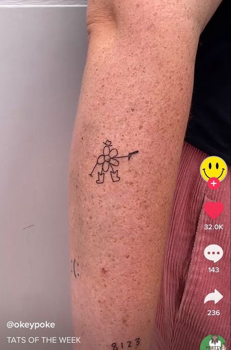 Corny Matching Tattoos, Cute Funny Small Tattoo, Silly Line Tattoos, Stick Person Tattoo, Tiny Silly Tattoos, Quirky Tattoos For Women, Funky Small Tattoos, Silly Small Tattoos, Small Tattoos Funny