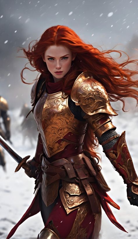 Redhead Knight Female, Redhead Warrior Woman, Medieval Woman Aesthetic, Dnd Fighter Female, Female Fighter Dnd, Red Hair Warrior, Dnd Female Fighter, Female Knight Art, Phoenix Warrior