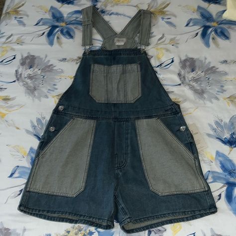 Overall Straps Can Come Undone, Buttons On The Sides Are Functional. Overalls One Strap Down, Baggy Short Overalls, Goblincore Overalls, Green Short Overalls, Enby Overall Short, Denim Overalls With Button Closure, Retro Overalls, Overall Straps, Fixing Clothes