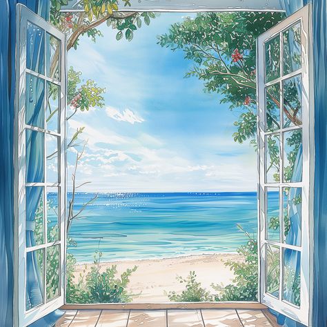 Window Picture, Beach Pictures Drawing, View Art Painting, Beach Window, Painting Beach Ideas, Watercolor Window Painting, Beautiful Window View, View Illustration, Sea View Painting