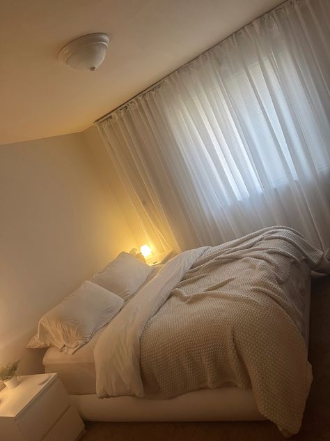 Curtain Track Bedroom, Ikea Bedframe, Hilja Ikea, Ikea Track Curtains Ceilings, Ikea Vidga Curtain Track, Askvoll Bed, Bed With Sheer Curtains, Hilja Curtains Ikea, Ikea Askvoll Bed