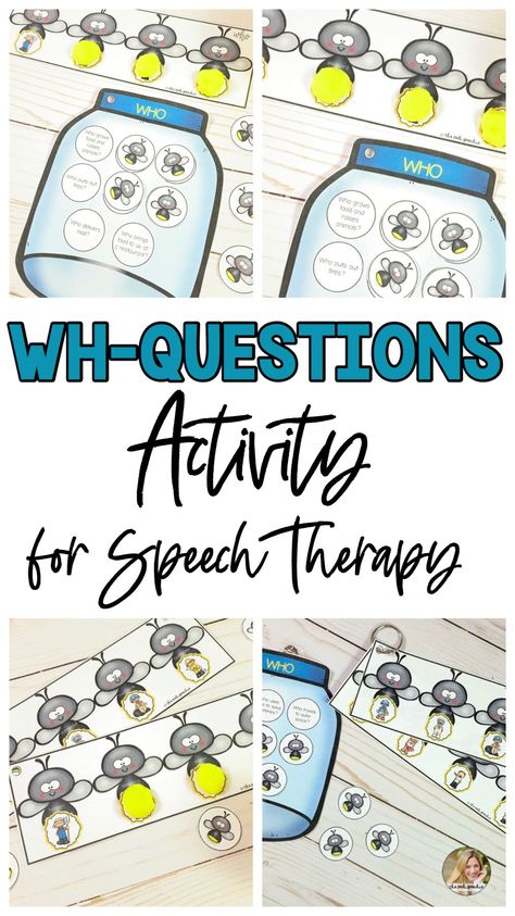 WH questions activities for preschool, kindergarten, and elementary speech therapy and special education! Practice answering wh questions (what where when why who) with these fun mini dough smash mats- interactive and engaging! It's play based so my students love it. (preschool, kindergarten, first grade, speech therapy and special education individual and small group activity) Wh Speech Therapy Activities, Who Questions Speech Therapy, Wh Question Activities Speech Therapy, Speech Therapy Elementary School, Speech Therapy Visual Schedule, Wh Questions Speech Therapy, Speech Therapy Activities Elementary, Wh Questions Activities, Speech Therapy Themes