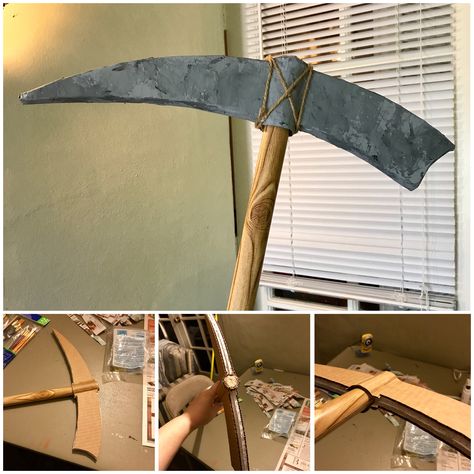 DIY Prop Pickaxe PVC pipe, cardboard, foam board, paper mache, hot glue, paint, twine Diy Hot Glue Crafts, Diy Fortnite Decorations, Peely Fortnite Costume Diy, Fortnite Pickaxe Diy, Fortnite Diy, Fortnite Costume, Mining Pickaxe, Cardboard Props, Fort Nite