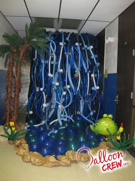 Balloon Waterfall! #balloonart #balloonartist #decor #waterfall #balloondecor #ballooncrewinc #indoordecor Balloon Waterfall, Luau Crafts, Waterfall Decoration, Waterfall Backdrop, Trail Ideas, Book Play, Scenery Ideas, Shower Outdoor, Theater Decor