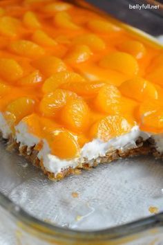 Mandarin Orange Pretzel Dessert - This classic dessert features a crunchy pretzel crust, a creamy center, and silky top with mandarin oranges and orange flavored gelatin. Perfect for a summer luncheon! Refrigerator Desserts, Jello Pretzel Salad, Pretzel Dessert, Pretzel Desserts, Fabulous Desserts, Heavenly Desserts, Orange Dessert, Jello Dessert Recipes, Peach Dessert Recipes