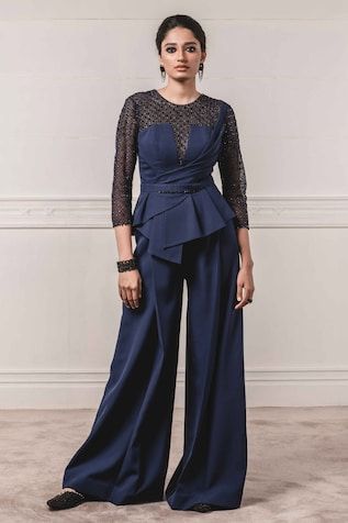 Embroidered Peplum Jumpsuit Peplum Jumpsuits, Velvet Applique, Bead Tassels, Embellished Jumpsuit, Applique Work, Jumpsuit For Women, Peplum Styling, Designer Jumpsuits, Tarun Tahiliani