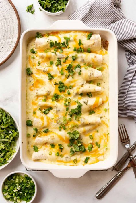 Chicken Enchilada Nachos, Chicken Enchiladas Healthy Easy, Enchilada Recipe White Sauce, Easy Healthy Chicken Enchiladas, Creamy Enchilada Casserole, Ground Beef Enchiladas With White Sauce, White Beef Enchiladas, Kid Friendly Enchiladas, Chicken Enchiladas With Rotisserie