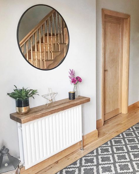 Hallway With Radiator, Entryway Ideas Radiator, Radiator Wall Decor, Radiator Decor, Hallway Banister Ideas, Heater Decor Ideas, Hallway Radiators, Small Hallway Ideas Radiator, Hallway Radiator