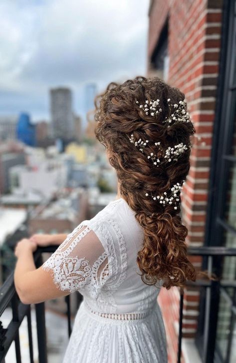 Ringlet Curls Updo Wedding Hairstyles, Wedding Hairstyles For Brown Hair Brides, Curly Floral Wedding Hair, Curly Updo With Braid, Biracial Wedding Hairstyles, Naturally Curly Bridal Hair Half Up, Curly Princess Hairstyles, Long Curly Hair Wedding Styles, Natural Curly Bridal Hair