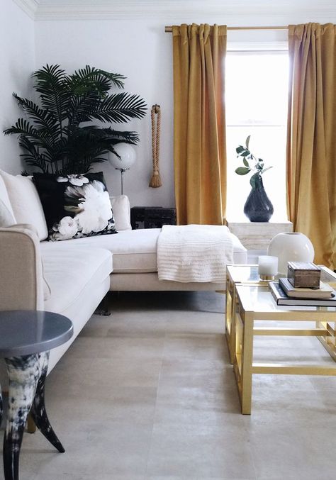 Living room - cream sofa with goldenrod yellow velvet curtains - mid century modern style home decor - House Of Hipsters Living Room Yellow Curtains, Living Room Yellow, Hipster Home Decor, Hipster Home, Room Yellow, Goldenrod Yellow, Yellow Curtains, Cream Sofa, Interior House Colors