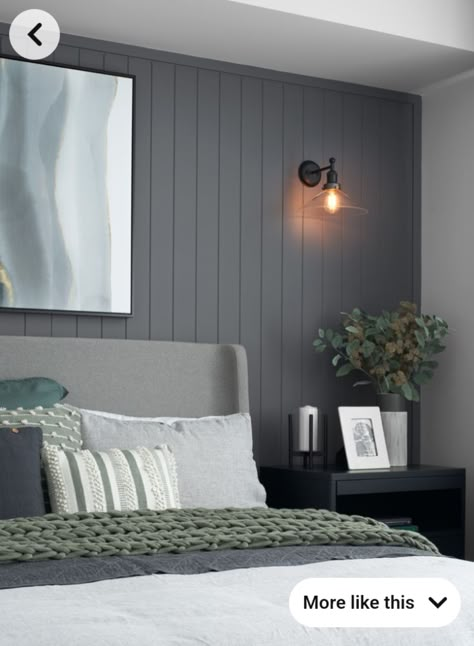 Colour Feature Wall Bedroom, Bedroom With Cladding Wall, Grey Bedroom Feature Wall, Bedroom Grey Feature Wall, Bedroom With Grey Accent Wall, Bedroom Wall Panelling Colours, Black Vj Panelling Bedroom, Modern Feature Wall Ideas Bedroom, Back Bedroom Ideas