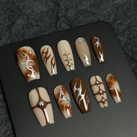 How would you choose among these 4 nail styles? #pressonnails #nails #nailsofinstagram #nailsnailsnails #nailart #y2k #y2knailart #y2knails #fyp #gafanail #summernails Ftp Nails, Y2k Press On Nails, Brown Y2k Nails, Fall Nail Inspired, Y2k Nail Art, Nail Art Y2k, Y2k Nail, Nail Y2k, White Fall Nails