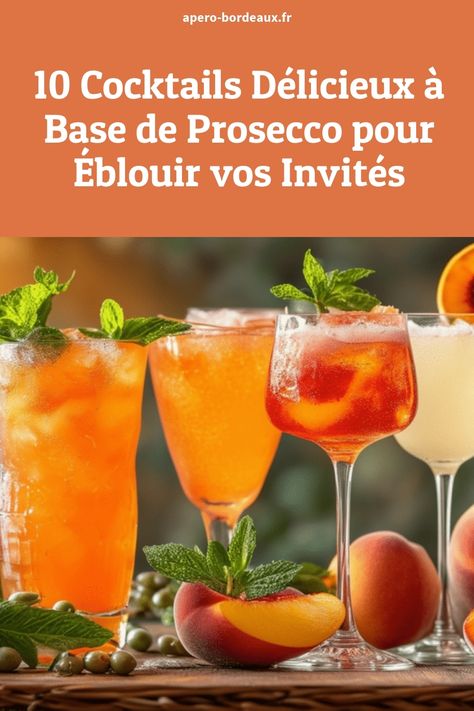 Différents cocktails à base de Prosecco illustrés avec des ingrédients frais comme des pêches, des raisins et des feuilles de menthe pour donner une touche italienne rafraîchissante. Cocktail Prosecco, Cocktail Tequila, Cocktail Shots, Prosecco Cocktails, Tequila Sunrise, Tequila Cocktails, Christmas Cocktails, Mocktails, Ikebana