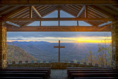 Sunrise at Symmes Chapel (better known locally as "Pretty Place")  Blue Ridge Mountains of SC Fred W Symmes Chapel, Symmes Chapel, Beautiful Chapels, Pretty Place Chapel, Greenville South Carolina, Standing Stone, Stone Mountain, Blue Ridge Mountains, Rolling Hills