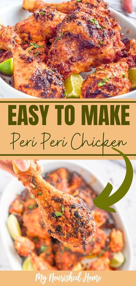 This easy to make Peri Peri Chicken boasts a ton of different flavors: it is spicy, citrusy, salty, and slightly sweet too! If you love spicy and savory flavors, this chicken dish is guaranteed to satisfy your cravings! If you only count active prep and baking time, this recipe comes together in under an hour. Pero Peri Chicken, Perri Perri Chicken, Perry Perry Chicken, Nandos Peri Peri Chicken Recipe, Nandos Chicken Recipe, Nandos Peri Peri Chicken, Nandos Chicken, Peri Peri Chicken Recipe, Portuguese Chicken