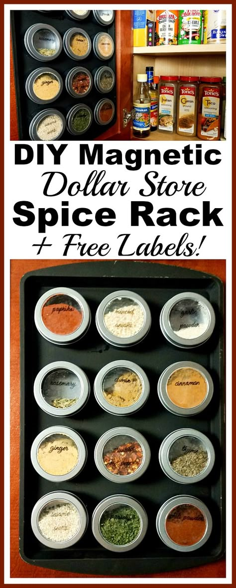 DIY Magnetic Dollar Store Spice Rack- If your spice cabinet is disorganized, you need to try this easy (and frugal) DIY organizer! Here's how to make a magnetic dollar store spice rack! | dollar store DIY, Dollar Tree DIY, organizing ideas, kitchen organizing tips, easy DIY, spice organization, how to organize your spices, inexpensive organization solutions Dollar Store Spice Rack, Diy Pantry Organization, Kitchen Apartment, Diy Organizer, Spice Jar Labels, Diy Spices, Magnetic Spice, Trendy Apartment, Kitchen Organization Diy