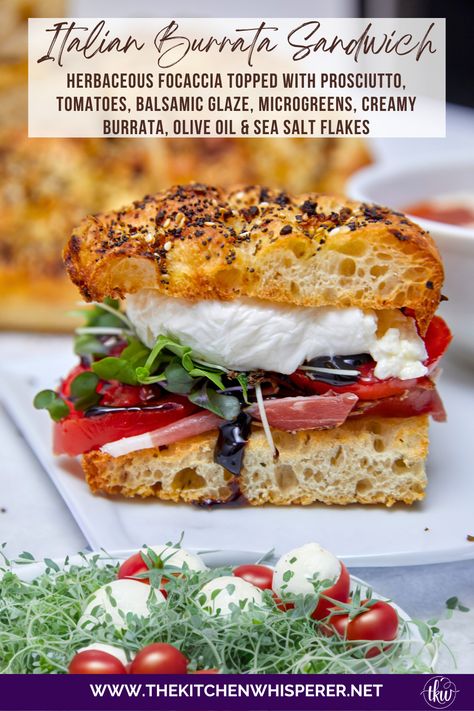 Herbaceous crunchy no-knead focaccia topped with prosciutto, tomatoes, balsamic glaze, microgreens, creamy burrata, olive oil & sea salt flakes making it one of the best sandwiches you'll ever sink your teeth into! Indulge in a Scrumptious Prosciutto, Tomato, & Burrata Focaccia Sandwich, no knead focaccia, Italian sandwich, burrata sandwich, crusty bread Burrata Focaccia, Burrata Sandwich, Tomato And Burrata, Focaccia Sandwich, Pesto Sandwich, Grilled Artichoke, Matchstick Carrots, Best Sandwiches, Italian Sandwich