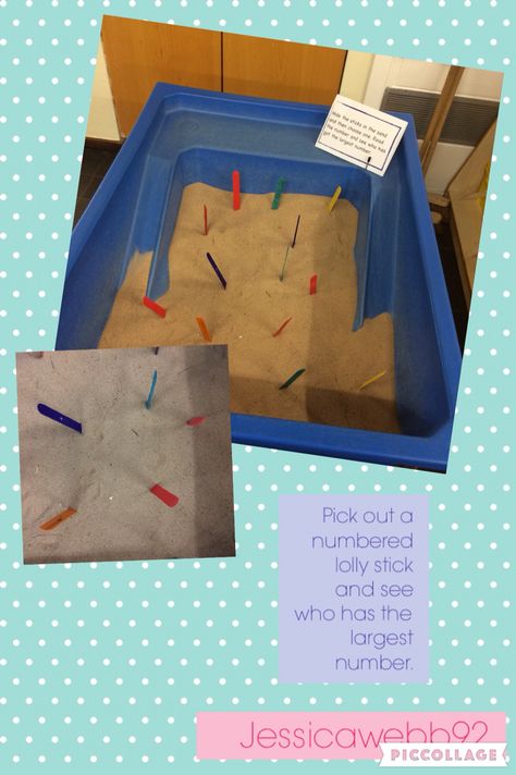 Pick out a lolly stick and see who has the highest number. EYFS Comparing Numbers Eyfs, Sand Tray Eyfs, Sand Eyfs, Numbers Eyfs, Sand Tray Ideas Eyfs, Sand Activities, Outdoor Maths, Curriculum Kindergarten, Reception Maths