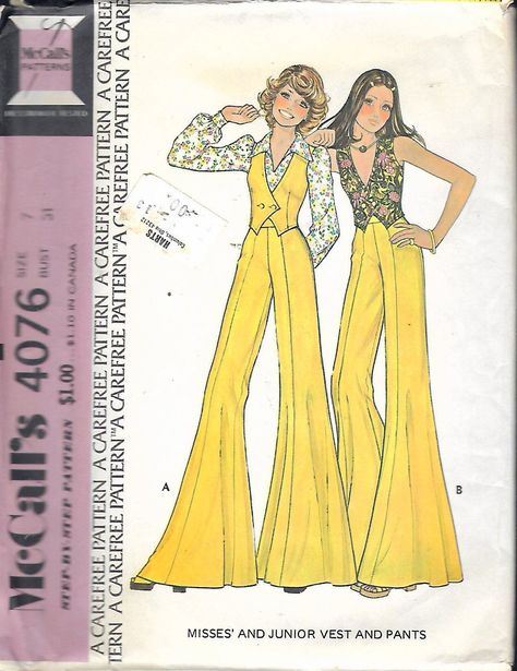 1974 McCall's 4076 Juniors Vest & Super Wide Bell Bottom Flared Pants Sewing Pattern - Size 7, Bust 31" 70s Sewing Patterns, Vintage Clothes Patterns, Sewing Patterns Skirt, Vest Sewing Pattern, 1970s Sewing Patterns, Beginner Sewing Patterns, 70s Women, Pants Sewing Pattern, Vintage Dress Patterns