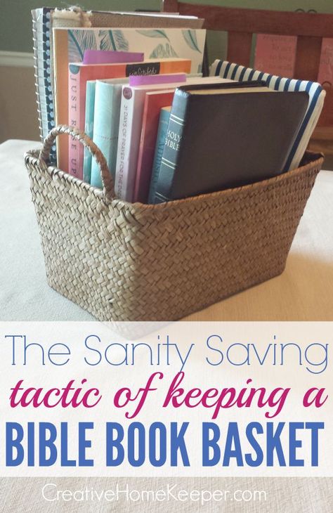 Want a more organized and productive devotional time? Try the sanity saving tactic of keeping a Bible book basket. There are so many benefits to having one.  Learn why you should have one, how to organize it and what to keep in your basket. Bible Basket Ideas, Quiet Time Basket, Bible Basket, Morning Baskets, Book Basket, Gratitude Daily, Religious Book, Prayer Closet, Bible Study Help