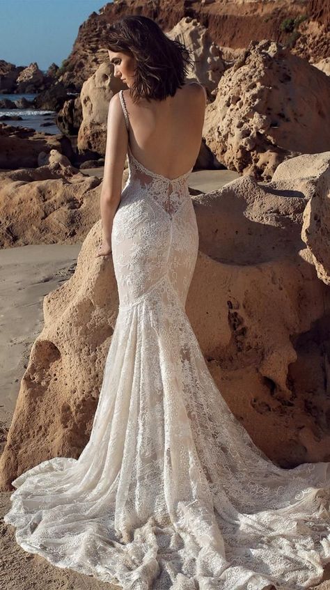 The back of the dramatic and sexy #GALA404 reveals a stunning embroidered French lace body-hugging Trumpet wedding dress silhouette with a beautiful low back and train. Everthine Bridal, Dramatic Skirt, Backless Mermaid Wedding Dresses, Gala Gowns, Wedding Dress Silhouette, Galia Lahav, Trumpet Wedding Dress, Ivory Bridal, Lace Mermaid