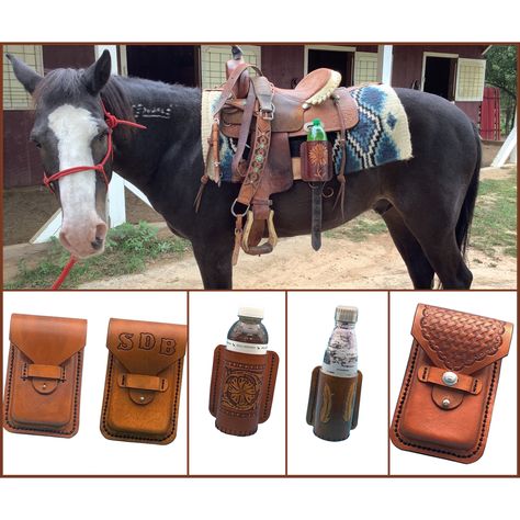 A mustang with a drink holder on the billet strap of his saddle and examples of several styles of drink and phone holders that we hand tool. Leather Phone Case For Saddle, Saddle Phone Holder, Western Phone Cases, Saddle Accessories, Diy Leather Projects, Leather Stitching, Western Saddle, Phone Holster, Hand Tooled Leather