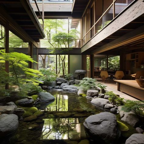 House With Indoor Garden, Bathroom Lighting Ideas, Indoor Pond, Traditional Japanese Home, Modern Tropical House, Space Story, Japanese Home Design, Japanese Style House, Traditional Japanese House