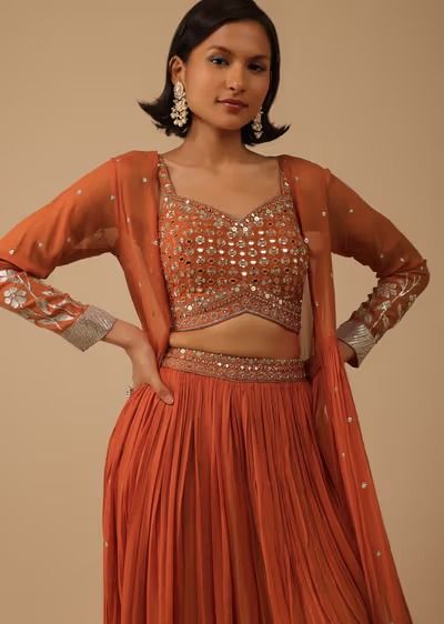 Fire Orange Palazzo Suit In Georgette With Mirror And Sequins Embroidery Indo Western Outfits, Western Dresses Online, Sharara Designs, Fire Orange, Latest Salwar Kameez, Kalki Fashion, Traditional Indian Dress, Palazzo Suit, Indo Western Dress