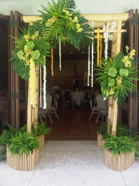 Fresh flower arch way Tiki Theme, Arch Way, Tropical Event, Havana Nights Party, Corporate Event Design, Party Entrance, Flower Arch, Hawaiian Decor, Hawaii Party