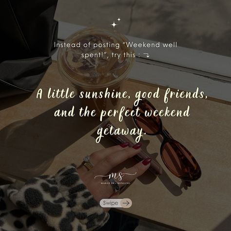 PART 113 — instead of “Weekend well spent”, try these alternatives 🥰 🏷️ #weekend #vacation #getaway #memories #quoteoftheday #captionideas #notes #instagramtips #randomideas #fyp #margesn #caption Weekend Well Spent, Instagram Tips, Quote Of The Day, Best Friends, Quick Saves