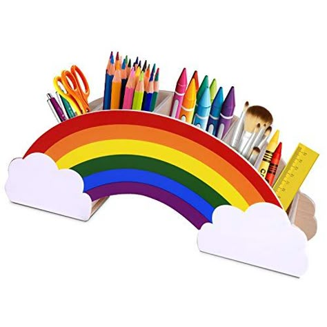 Kids Desk Organization, Art Supply Box, Wood Pencil Holder, Wooden Pen Holder, Wooden Desk Organizer, Pencil Holders, Rainbow Paint, Pen Stand, Wooden Pencil