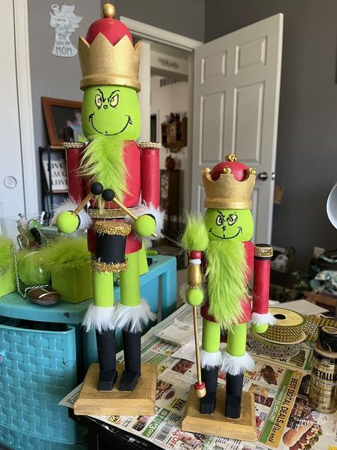 Grinch Everything (Grinch fans) | My Grinch nutcrackers are almost finished. | Facebook Diy Grinch Nutcracker, Grinch Nutcracker Diy, Grinch Outside Decorations, Nut Crackers Christmas Decorations Diy, Grinch Nutcracker, Nut Crackers, Grinch Decorations, Grinch Christmas Decorations, Christmas Idea