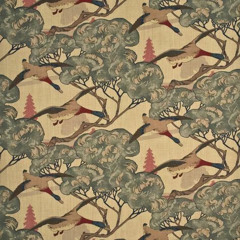 Flying Ducks - Camel/Grey | Kravet Mulberry Flying Ducks, Mulberry Fabric, Southern Restaurant, Bamboo Chairs, Flying Ducks, Antique Sofas, Architecture Business, Bungalow Cottage, Woodland Fabric