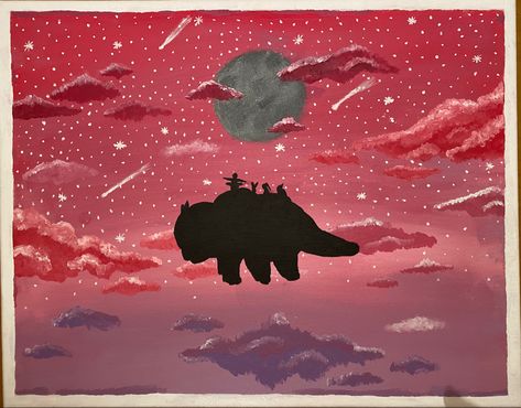 Appa Silhouette, Atla Painting Canvas, Atla Painting Ideas, Avatar The Last Airbender Painting Ideas, Avatar Acrylic Painting, Avatar Canvas Painting, Appa Painting, Atla Painting, Avatar The Last Airbender Painting