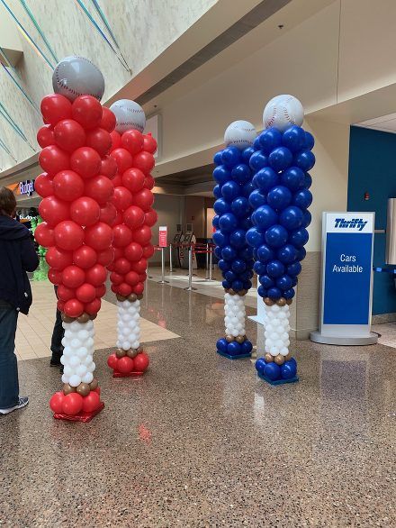 Sculptures | The Balloon People Softball Balloon Arch, Softball Balloon Decorations, Baseball Balloon Columns, Rookie Of The Year First Birthday Centerpiece, Baseball Theme Balloon Garland, Baseball Party Balloons, Baseball Party Balloon Arch, Baseball Bat Balloon, Baseball Balloon Garland