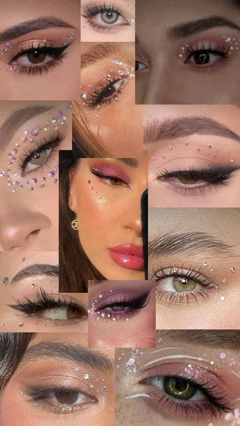 Gem Makeup Looks Halloween, Gems Around Eyes, Eye Gem Placement, Eye Gem Makeup, Gems Makeup Look, Eye Jewel Makeup, Gemstone Eye Makeup, Gems Eye Makeup, Gem Eye Look