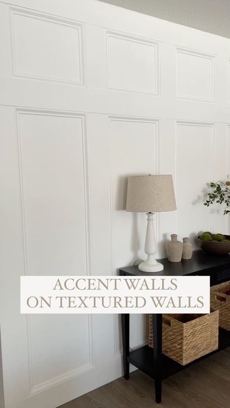 Accent Wall on Textured Walls 🤔🤔 It can be done!! All of my walls have an orange peel texture. I leave it be and do my accent walls right o… | Instagram Board And Batten Orange Peel Walls, Wainscoting Textured Walls, Picture Frame Molding On Textured Walls, White Wainscoting Living Room, Wainscoting Living Room, Orange Peel Walls, Orange Peel Wall Texture, Accent Wall Panels, White Wainscoting