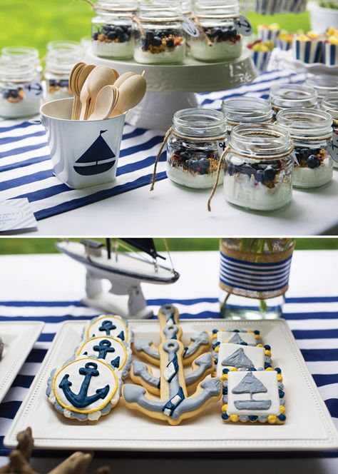 nautical baby shower blue and white desserts Fresh Granola, Nautical Baby Shower Food, Blueberry Parfait, Anchor Cookies, Nautical Baby Shower Boy, Anchor Birthday, Baby Shower Food Ideas, Babyshower Decor, Sailing Party