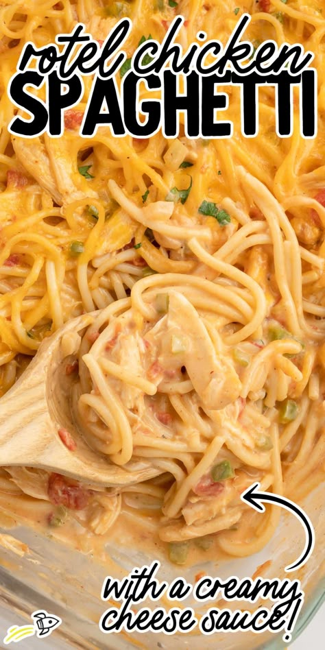 You'll dig right into this creamy and cheesy Rotel Chicken Spaghetti with tender chicken and zesty tomatoes. Another excellent dinner recipe developed in our test kitchens, straight to your kitchen table. Chicken Spaghetti With Rotel Tomatoes, Cheesy Chicken Rotel Spaghetti, Chicken Spaghetti Recipe With Rotel Easy, Chicken Spagetti Recipe Easy Rotel, Dinner Recipes With Rotel, Chicken Spaghetti Casserole Rotel, Chicken Spaghetti Stove Top, Oven Chicken Spaghetti Recipe, Rotel Spaghetti Chicken