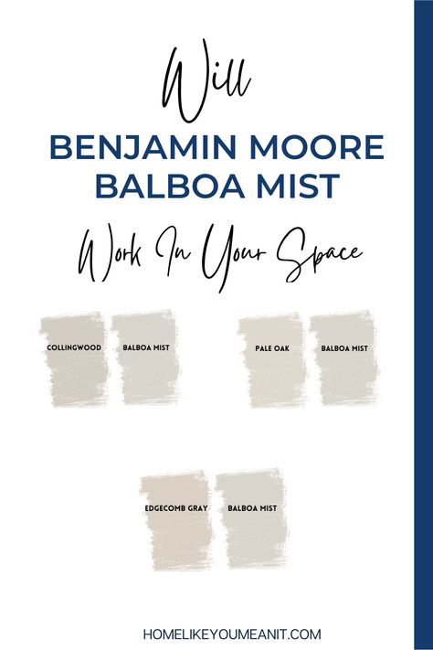 It can be tricky to find a warm gray paint, and if you’ve been on the hunt for a while, you might be plesantly surprised with Benjamin Moore Balboa Mist. Even though a warm gray might be on your radar, don’t make the decision just yet. Stick around as we unpack Balboa Mist’s undertones and learn whether or not it will work in your space. Balboa Mist Living Room, Balboa Mist Cabinets, Balboa Mist Coordinating Colors, Fog Mist Benjamin Moore, Bm Balboa Mist, Balboa Mist Benjamin Moore, Collingwood Benjamin Moore, Benjamin Moore Balboa Mist, Purple Accent Pillows