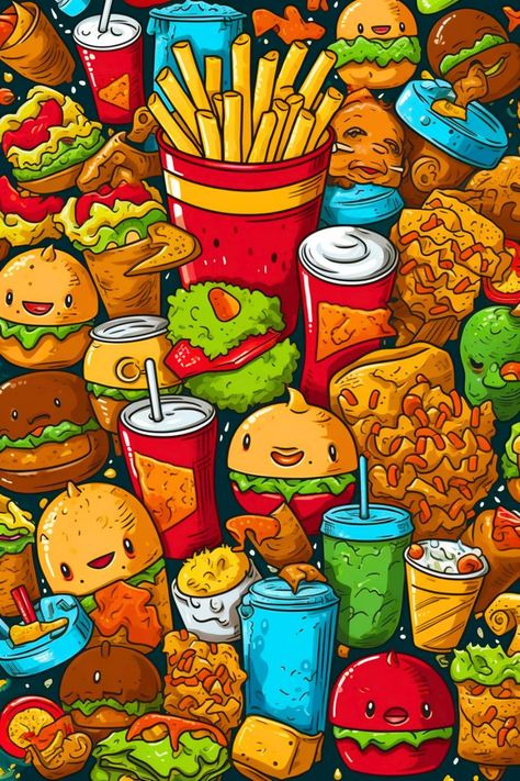 These delicious junk food doodles are a feast for the eyes. With their vibrant colors and realistic details, these doodles will make you want reach out and grab a bite. From burgers and fries to pizza and ice cream, this collection has all your favorite junk food items. #junkfooddoodleart #deliciousjunkfooddoodles #realisticjunkfooddoodles #temptingjunkfooddoodles #junkfoodart #junkfoodillustrations Junk Food Doodles, Food Doodle Art, Pizza And Ice Cream, Food Doodle, Burgers And Fries, Art Niche, Grab Food, Food Doodles, Food Wallpaper