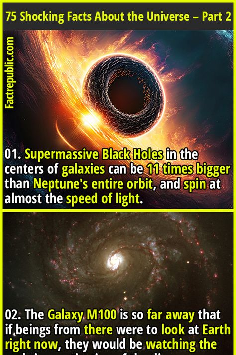 01. Supermassive Black Holes in the centers of galaxies can be 11 times bigger than Neptune's entire orbit, and spin at almost the speed of light. #universe #knoweldge #education #science #technology Facts About Universe, Outer Space Facts, Universe Facts, Types Of Galaxies, Solar System Facts, Galaxy Facts, Random Trivia, Funny Bar Signs, Astronomy Facts