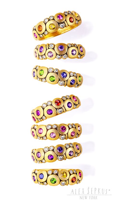 Alex Sepkus 18k gold "Candy" rings with multi color sapphires, tsavorites, rubies and diamonds. Candy rings are a great bridal alternative and can be worn as wedding, engagement, or everyday rings. They are also a popular mother's ring option. These stacking rings, like all Alex Sepkus designer jewelry are handmade in New York City #alexsepkus #mothersring #weddingring #engagementring #weddinginspiration #pushpresent #jewelry Alex Sepkus Rings, Alex Sepkus, Rubies And Diamonds, Mother's Ring, Jewellery Photography Inspiration, Gold Candy, Jewelry Wax, Art Jewelry Design, Rings Handmade