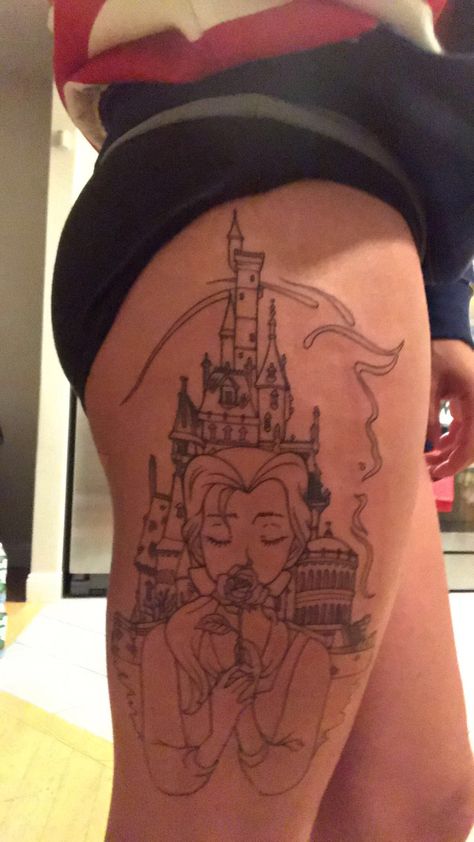 My Disney Beauty and the Beast tattoo outline Beast Tattoo, Disney Sleeve Tattoos, Beauty And The Beast Tattoo, Tattoo Disney, Disney Princess Tattoo, Princess Tattoo, Disney Tattoo, Butterfly Tattoos, Tattoo Outline