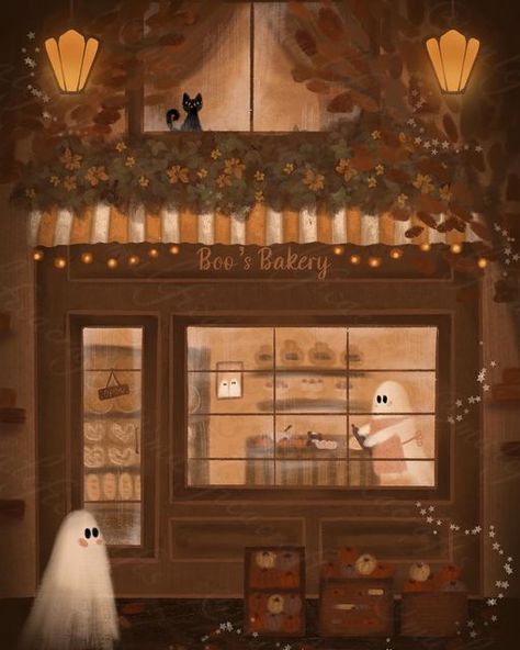 Malefica Crafts on Instagram: "🍂🍁Boo’s Bakery🍁🍂 Someone suggested I draw a ghost baking a pumpkin pie. As I have already drawn a kitchen ghost, I decided to draw a haunted bakery! Hope you like it! . . . . . #october #jackolantern #ghouls #spookycute #creepy #leaves #autumnleaves #autumnvibes #autumnaesthetic #halloween #fallvibes #cottagecoreaesthetic #cottagecore #boo #bakerylove #bakeryart #blackcat #pumpkinpie #pumpkins #ghosts #cuteghost #trickortreat #spookydecor #ghostcore #shopsmallo Halloween Lofi Aesthetic, Ghost Cafe Art, Halloween Cottagecore Aesthetic, Cottagecore Halloween Aesthetic, Jackolantern Aesthetic, Spooky Bakery, Ghost Baking, Cottagecore Bakery, Baking A Pumpkin