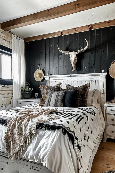 40 Western Bedroom Ideas for a Classic Cowboy Look Black Walls Bedroom Ideas Bohemian, Cute Western House Ideas, Bedroom Ideas His And Hers, Grey Wall Master Bedrooms Decor, Western Small Room Ideas, Western Room Accent Wall, Nashville Bedroom Ideas, Texas Western Home Decor, Country Western Bedroom Decor