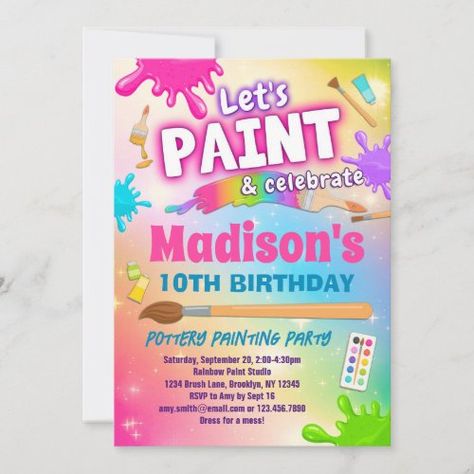 $3.03 | Rainbow Pottery Painting Birthday Party Invitation #painting birthday party invitation, paint party invitations, dress for a mess invitation, art birthday party invitation, rainbow paint party invite, paint and celebrate invitation, pottery painting party invitation, pottery painting birthday invitation, ceramics studio birthday invitation, pottery studio birthday party invite Paint Birthday Party Ideas, Pottery Painting Birthday Party, Rainbow Pottery, Art Birthday Party Invitations, Painting Birthday Party, Celebrate Birthday, Painting Birthday, Rainbow Paint, Art Birthday Party