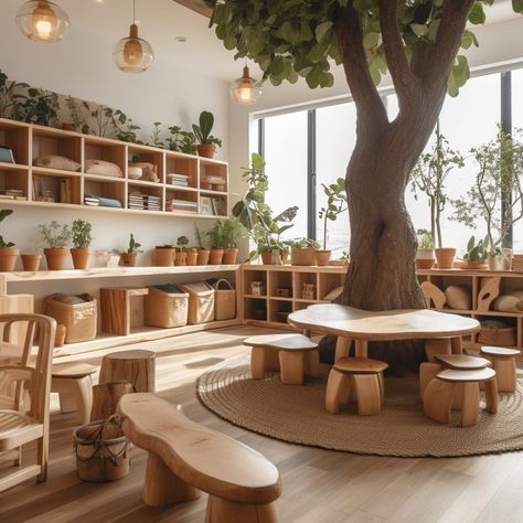 Set up your classroom with natural wood furniture to make a calming environment for children. Rearrange these shelves and panels to fit your space. Montessori Classroom Set Up, Waldorf Kindergarten Classroom, Forest School Ideas, Daycare Interior Design, Preschool Classroom Setup, Childrens Garden, Classroom Tree, Waldorf Kindergarten, Classroom Learning Space